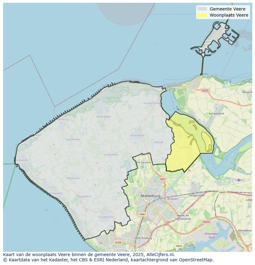 Afbeelding van de woonplaats Veere op de kaart.