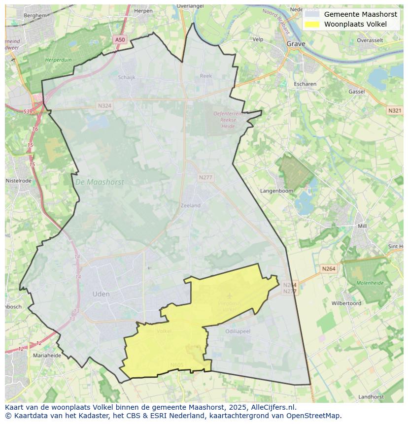 Afbeelding van de woonplaats Volkel op de kaart.