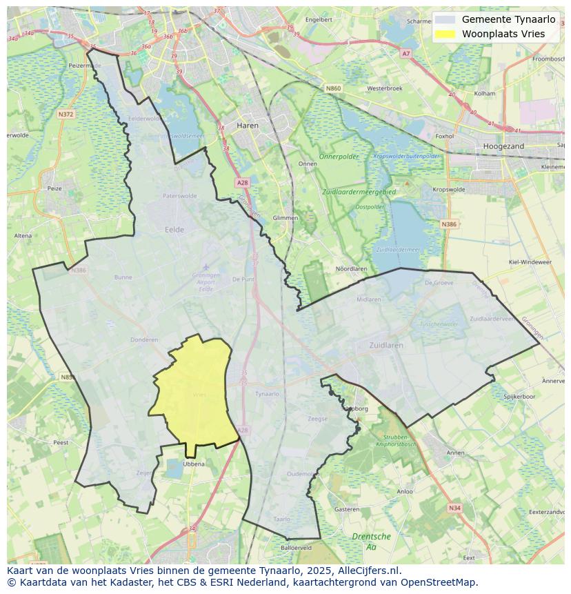 Afbeelding van de woonplaats Vries op de kaart.