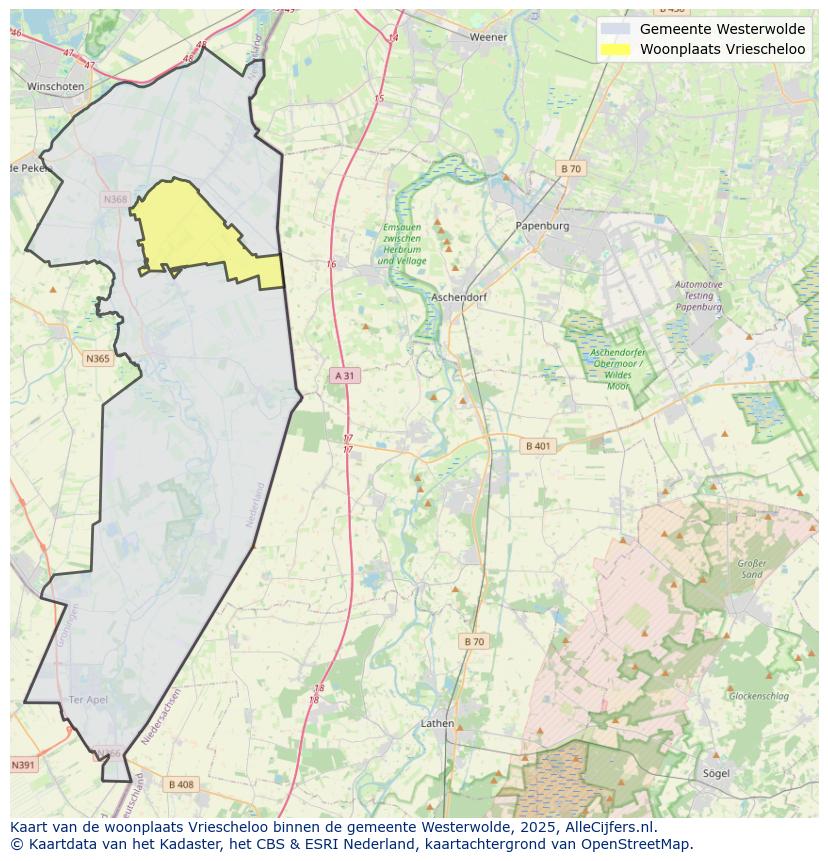 Afbeelding van de woonplaats Vriescheloo op de kaart.