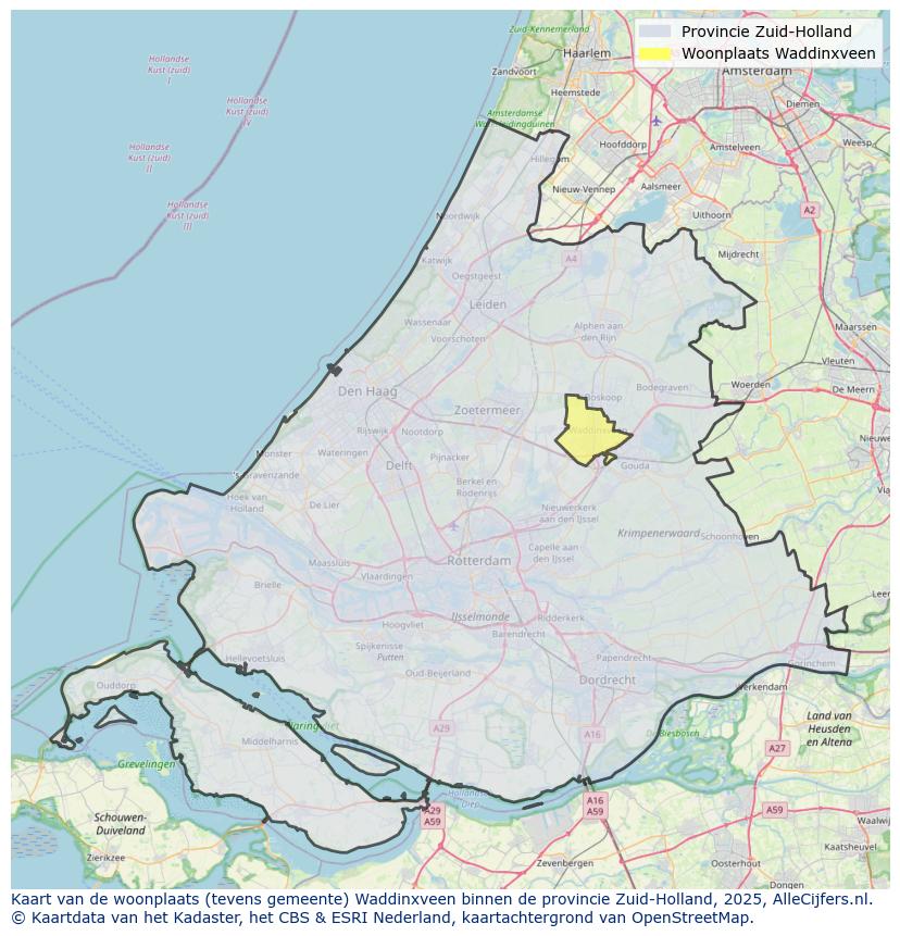 Afbeelding van de woonplaats Waddinxveen op de kaart.