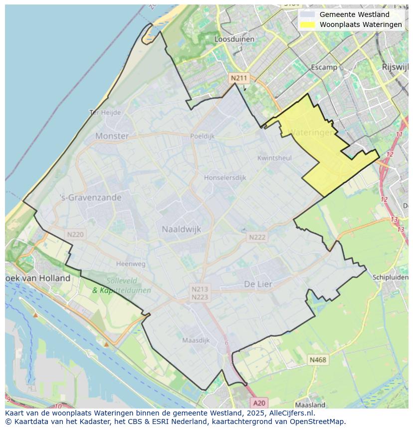Afbeelding van de woonplaats Wateringen op de kaart.