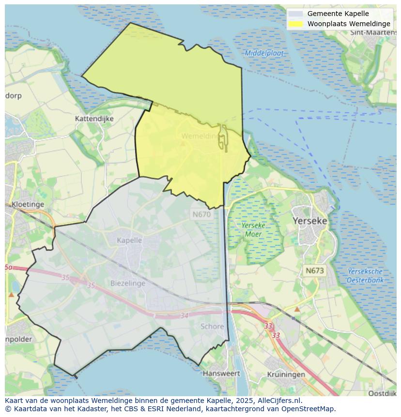 Afbeelding van de woonplaats Wemeldinge op de kaart.