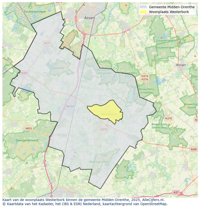 Afbeelding van de woonplaats Westerbork op de kaart.