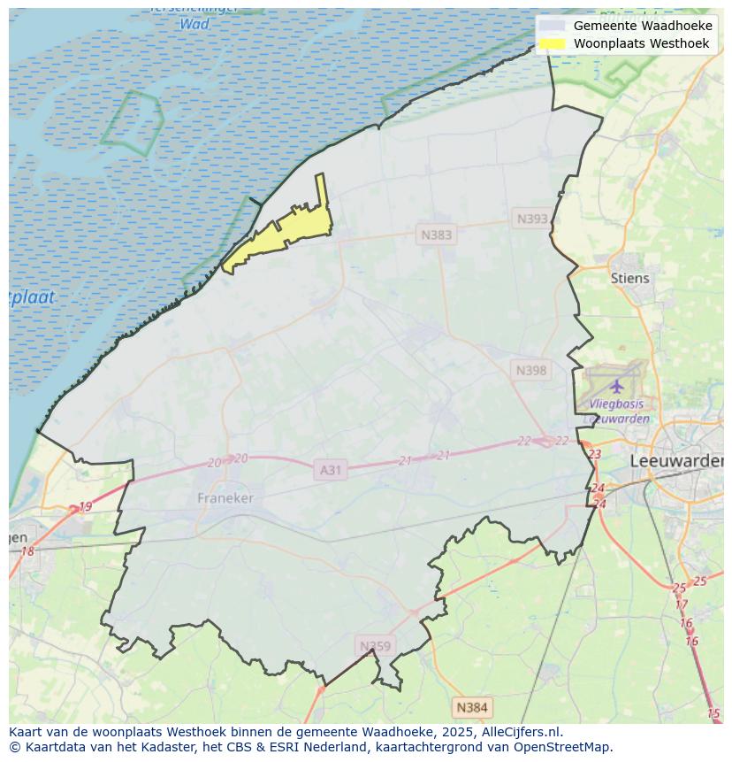 Afbeelding van de woonplaats Westhoek op de kaart.