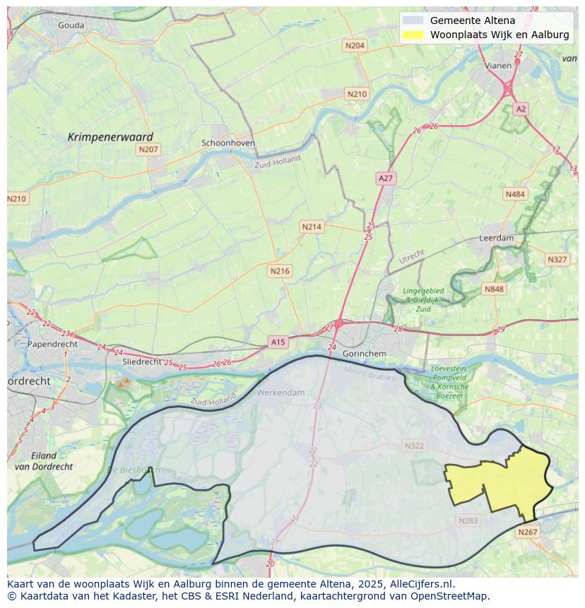 Afbeelding van de woonplaats Wijk en Aalburg op de kaart.