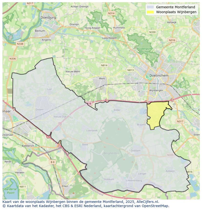 Afbeelding van de woonplaats Wijnbergen op de kaart.
