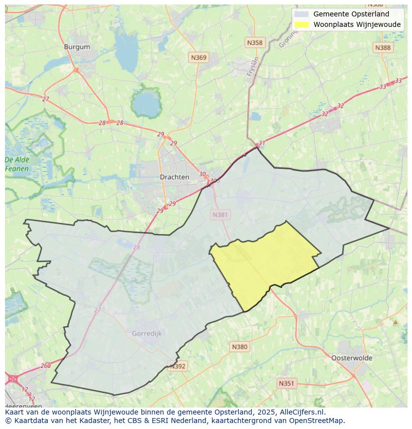 Afbeelding van de woonplaats Wijnjewoude op de kaart.