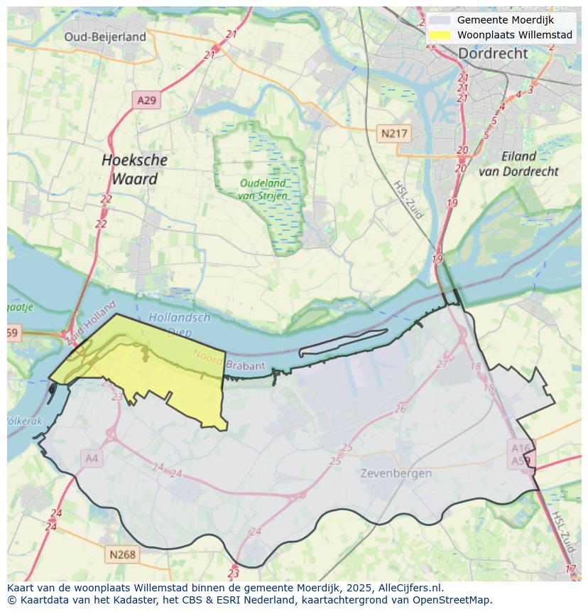 Afbeelding van de woonplaats Willemstad op de kaart.
