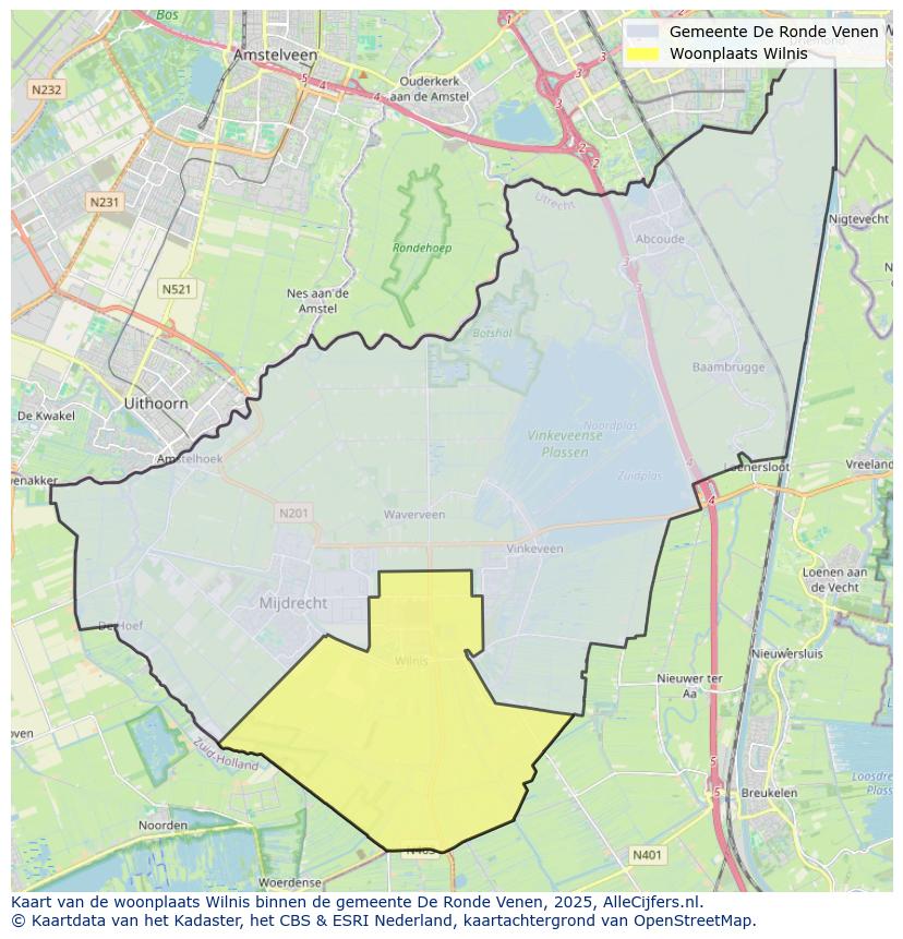 Afbeelding van de woonplaats Wilnis op de kaart.