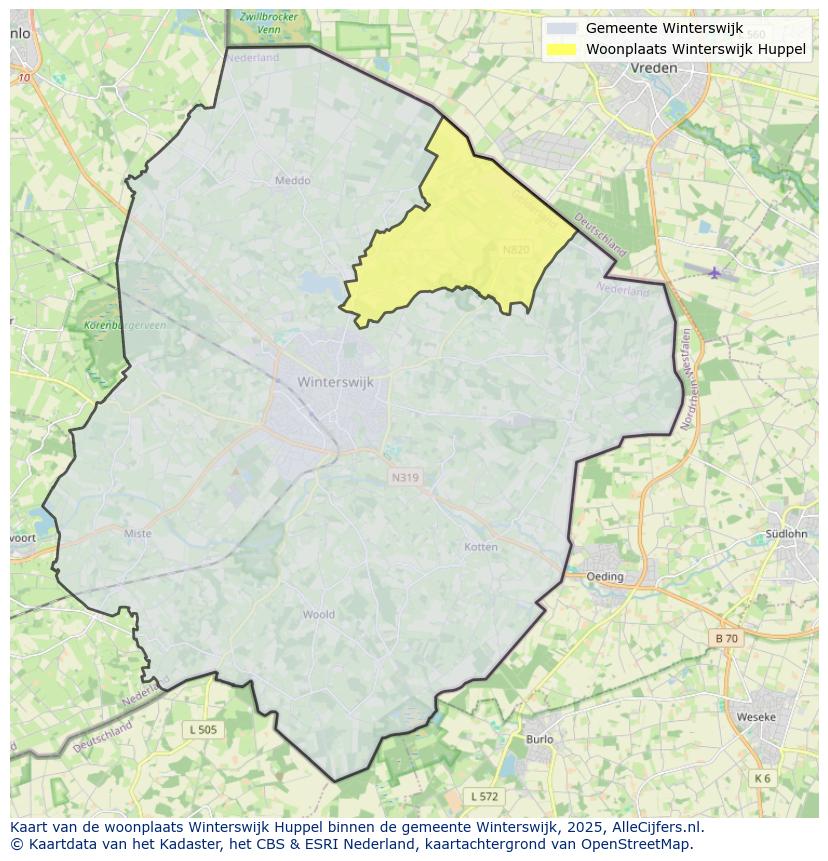 Afbeelding van de woonplaats Winterswijk Huppel op de kaart.
