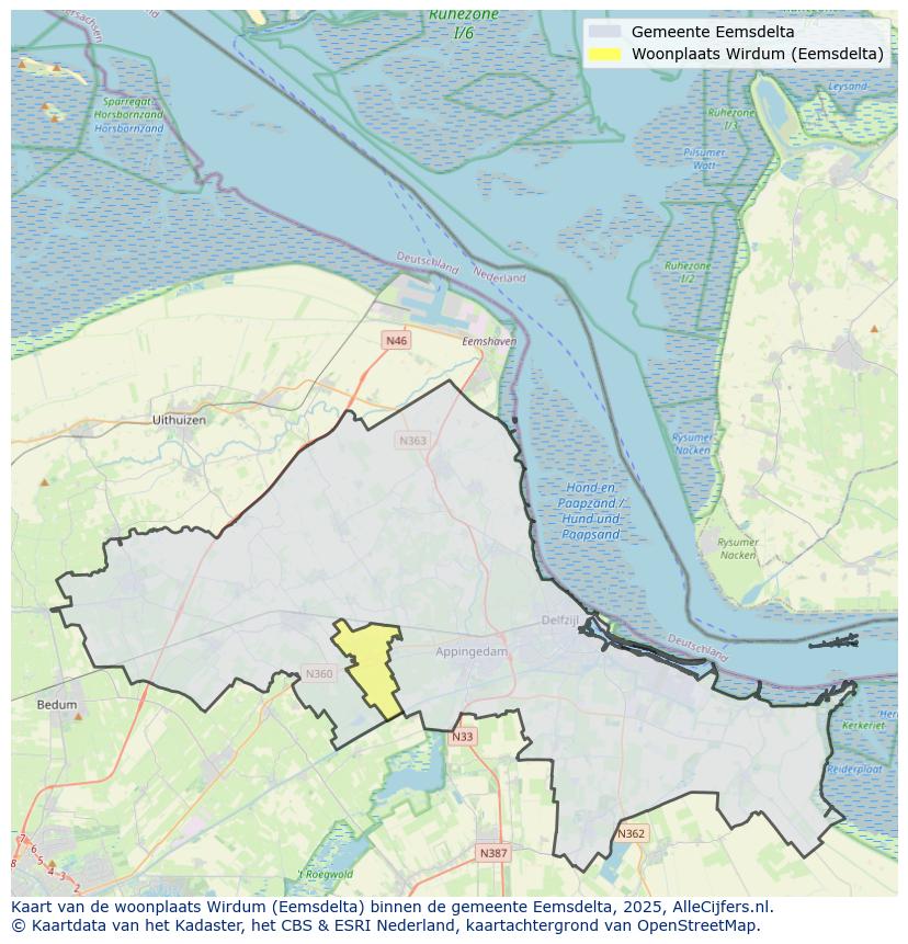 Afbeelding van de woonplaats Wirdum op de kaart.