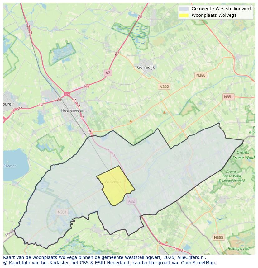 Afbeelding van de woonplaats Wolvega op de kaart.