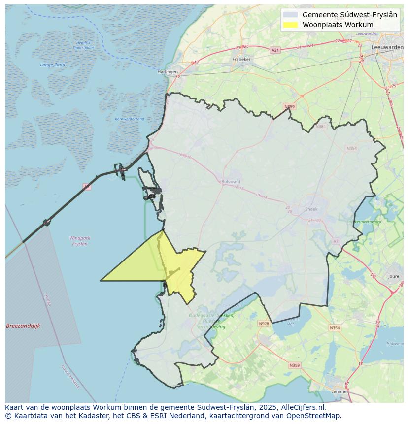 Afbeelding van de woonplaats Workum op de kaart.