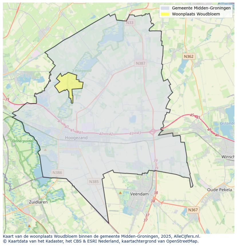 Afbeelding van de woonplaats Woudbloem op de kaart.