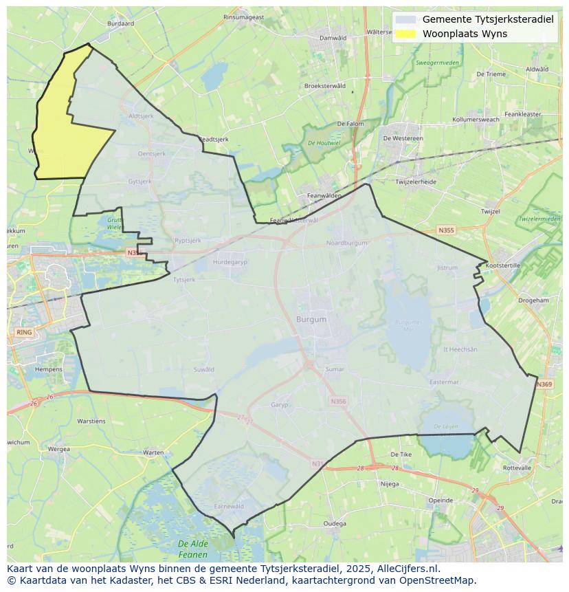 Afbeelding van de woonplaats Wyns op de kaart.