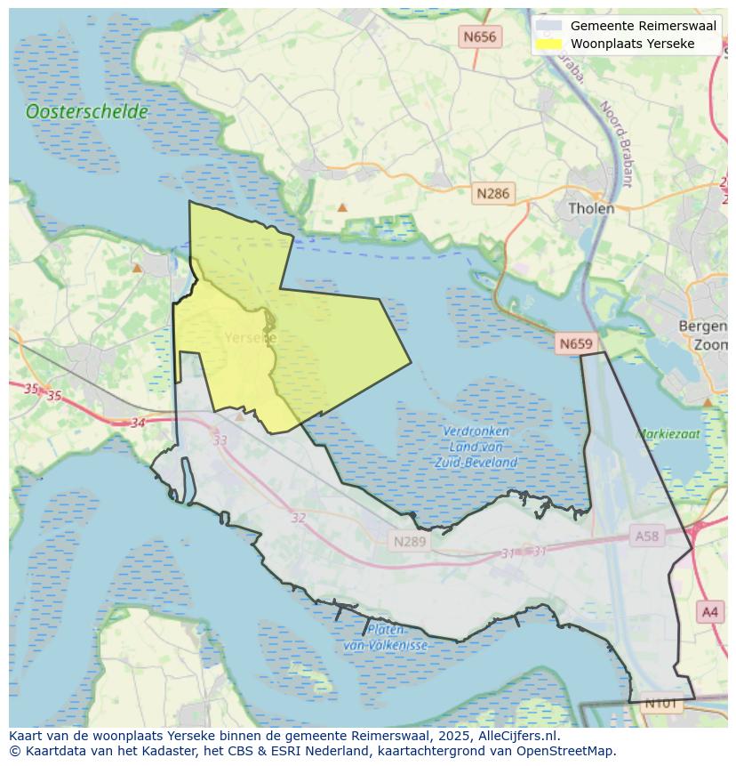 Afbeelding van de woonplaats Yerseke op de kaart.