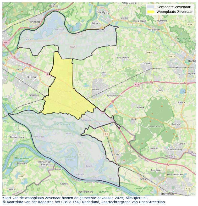 Afbeelding van de woonplaats Zevenaar op de kaart.