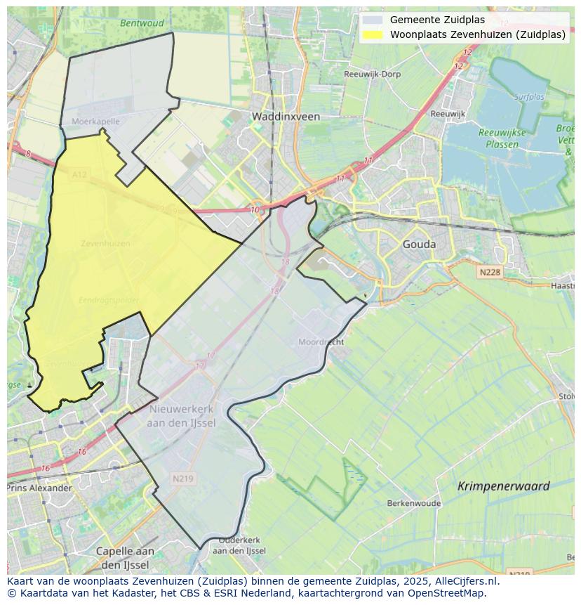 Afbeelding van de woonplaats Zevenhuizen op de kaart.