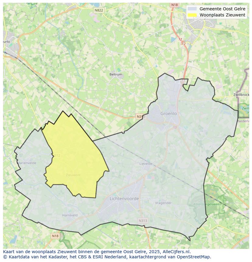 Afbeelding van de woonplaats Zieuwent op de kaart.