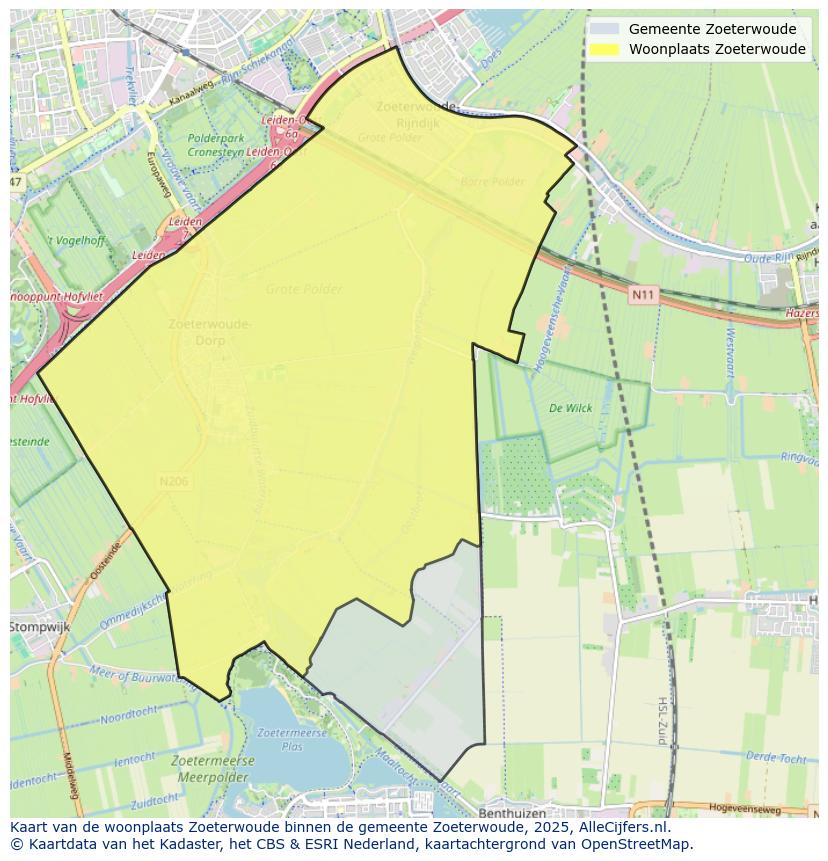 Afbeelding van de woonplaats Zoeterwoude op de kaart.
