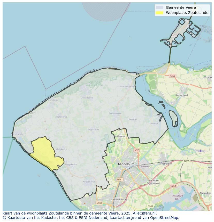 Afbeelding van de woonplaats Zoutelande op de kaart.