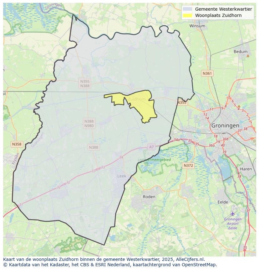 Afbeelding van de woonplaats Zuidhorn op de kaart.