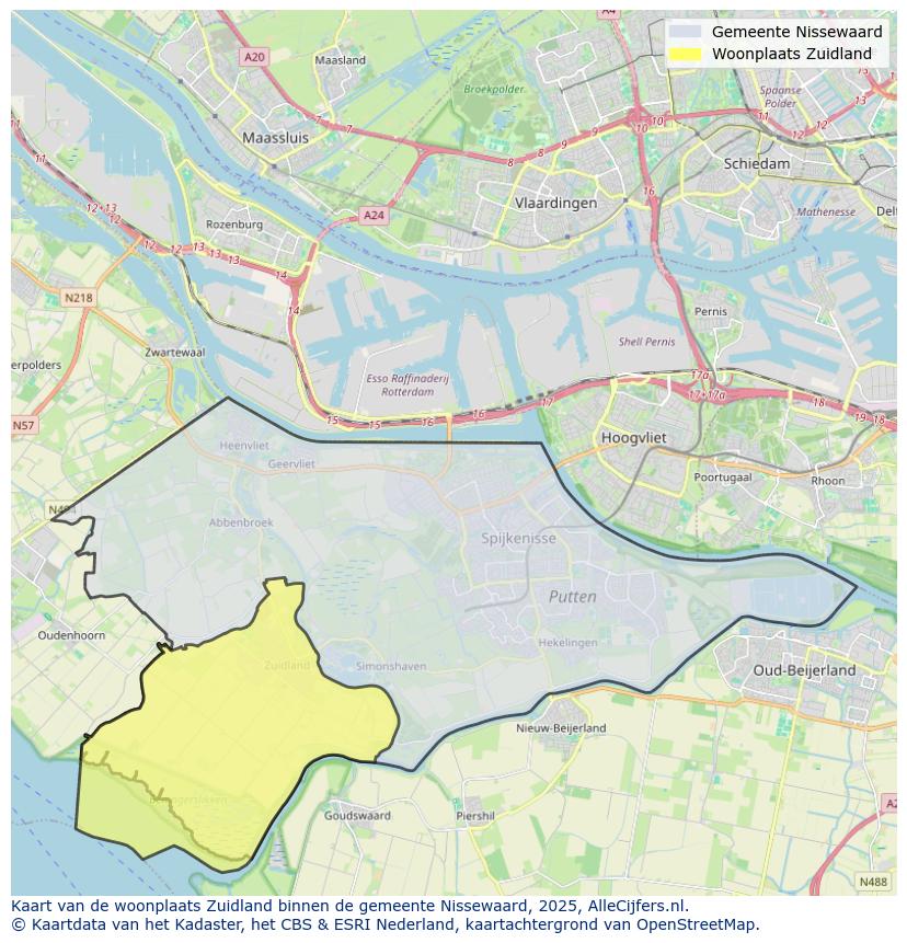 Afbeelding van de woonplaats Zuidland op de kaart.