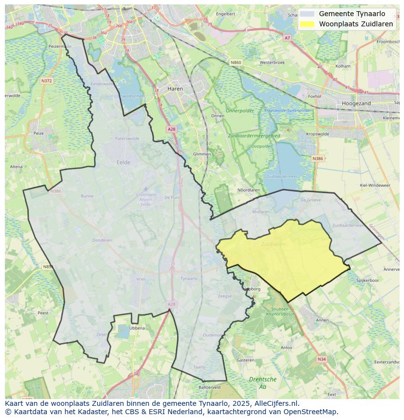 Afbeelding van de woonplaats Zuidlaren op de kaart.