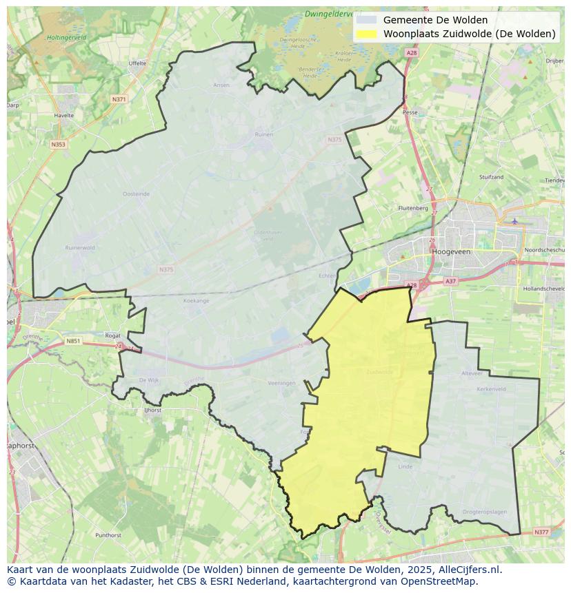 Afbeelding van de woonplaats Zuidwolde op de kaart.