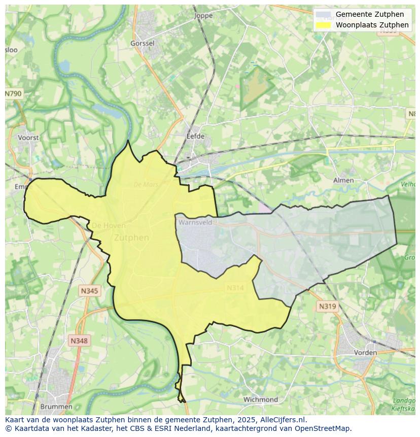 Afbeelding van de woonplaats Zutphen op de kaart.