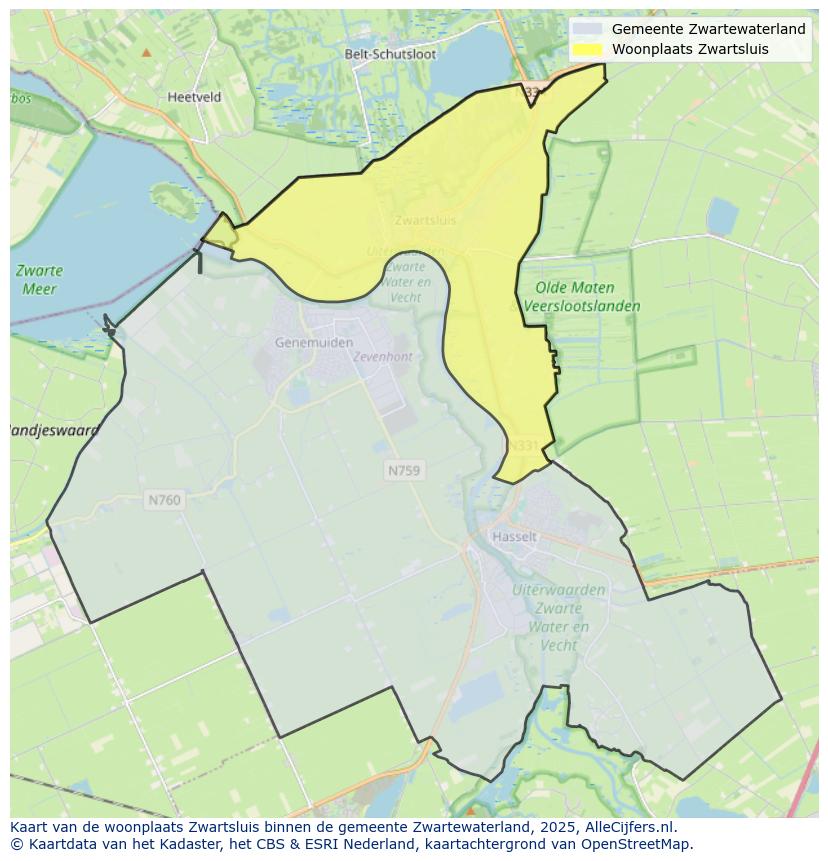 Afbeelding van de woonplaats Zwartsluis op de kaart.