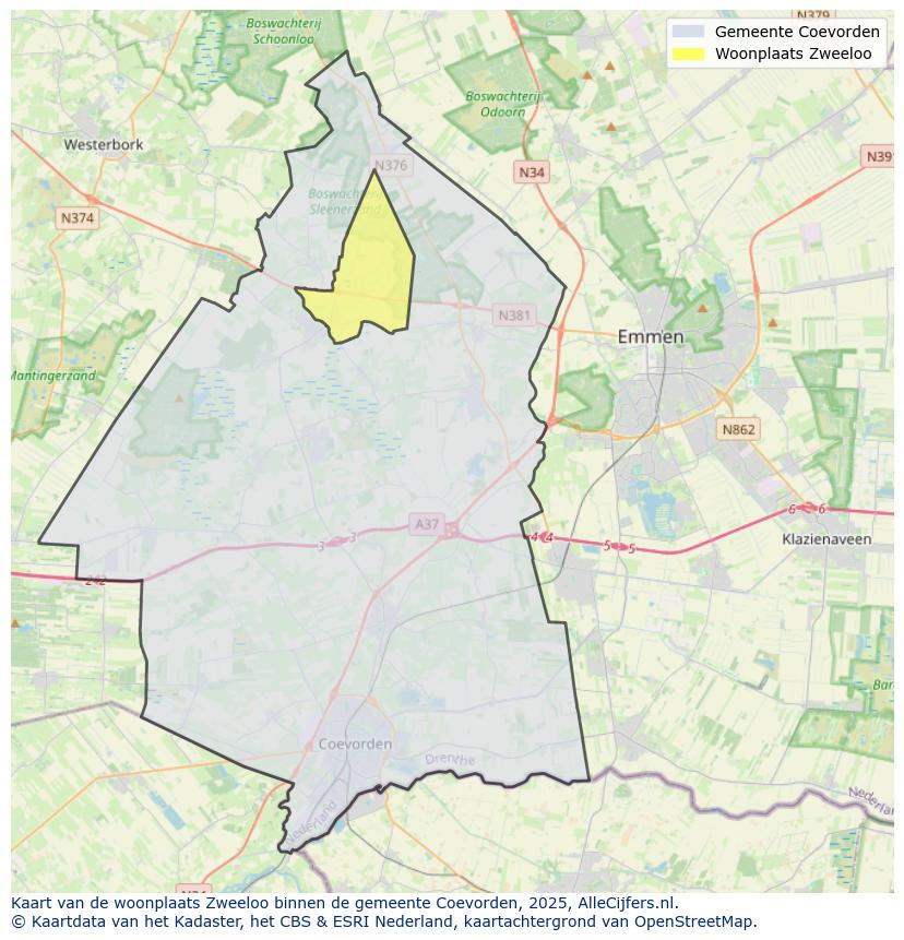 Afbeelding van de woonplaats Zweeloo op de kaart.