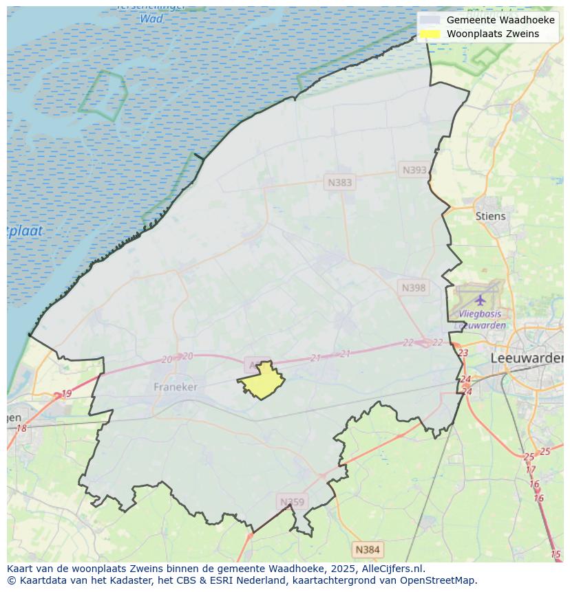 Afbeelding van de woonplaats Zweins op de kaart.