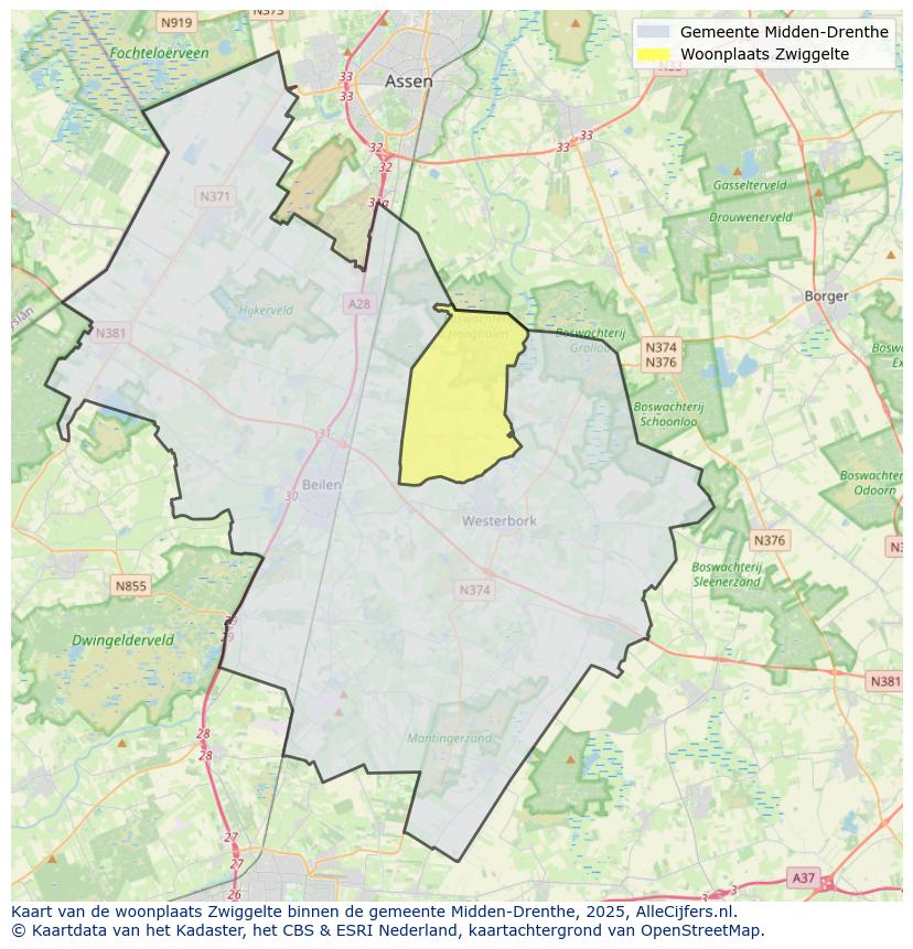 Afbeelding van de woonplaats Zwiggelte op de kaart.