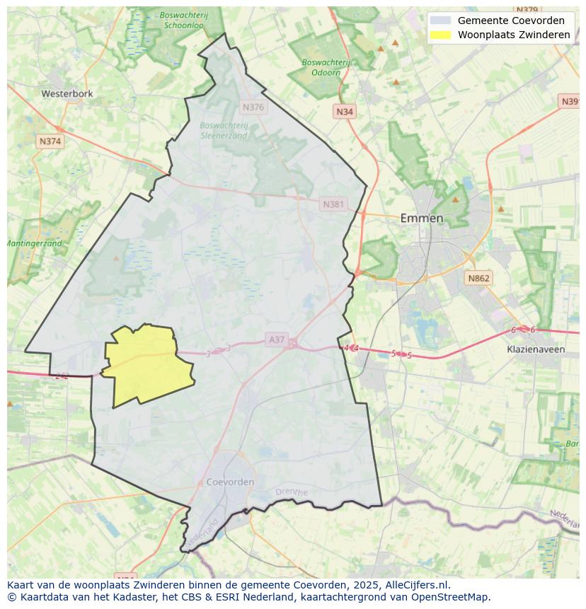 Afbeelding van de woonplaats Zwinderen op de kaart.