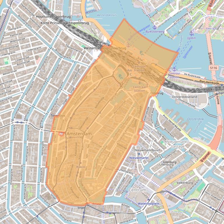 Kaart van postcodegebied 1012.