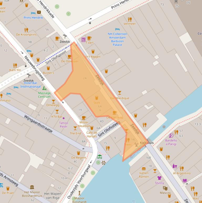 Kaart van postcodegebied 1012AX.