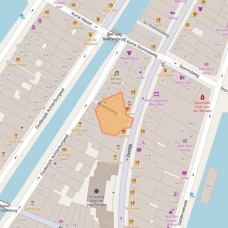 Kaart van postcodegebied 1012BE.