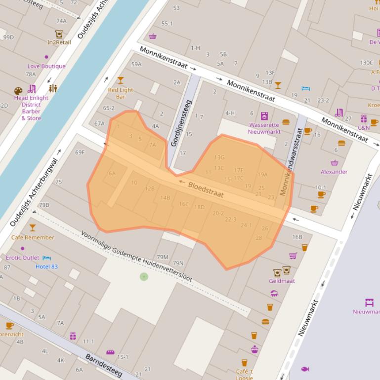 Kaart van postcodegebied 1012BS.