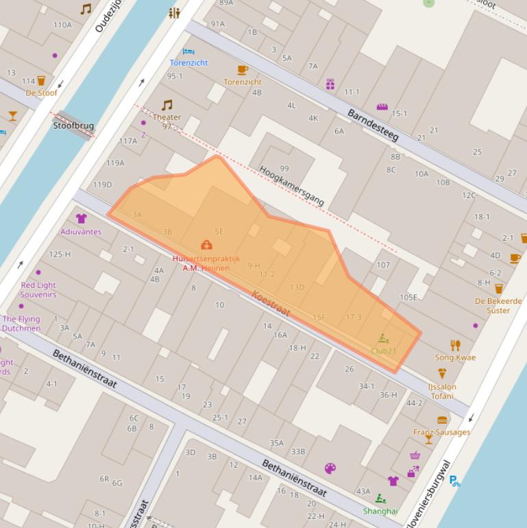 Kaart van postcodegebied 1012BW.