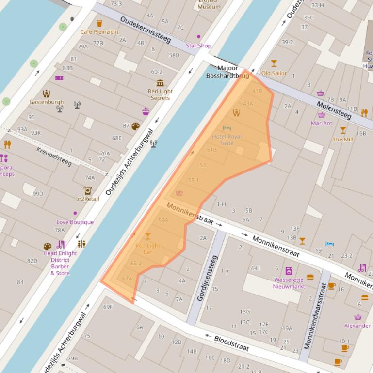 Kaart van postcodegebied 1012DB.