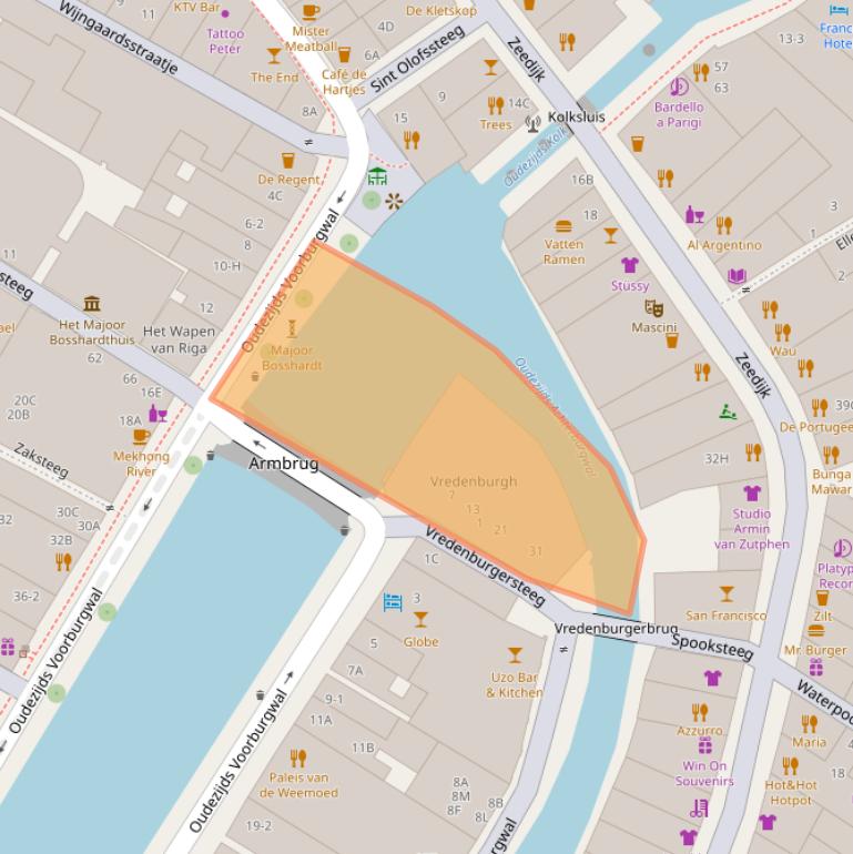 Kaart van postcodegebied 1012DZ.