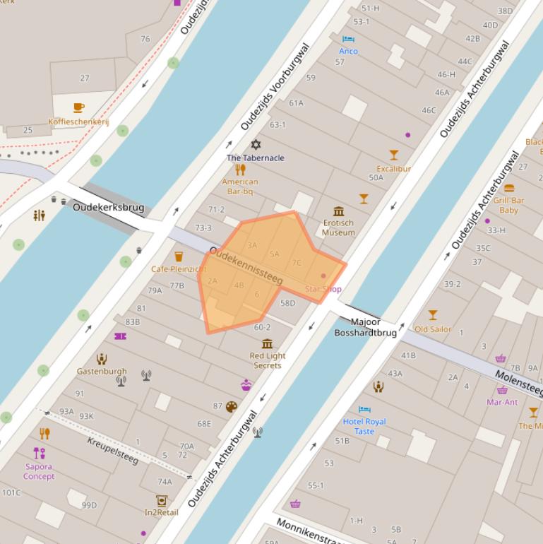 Kaart van postcodegebied 1012EB.