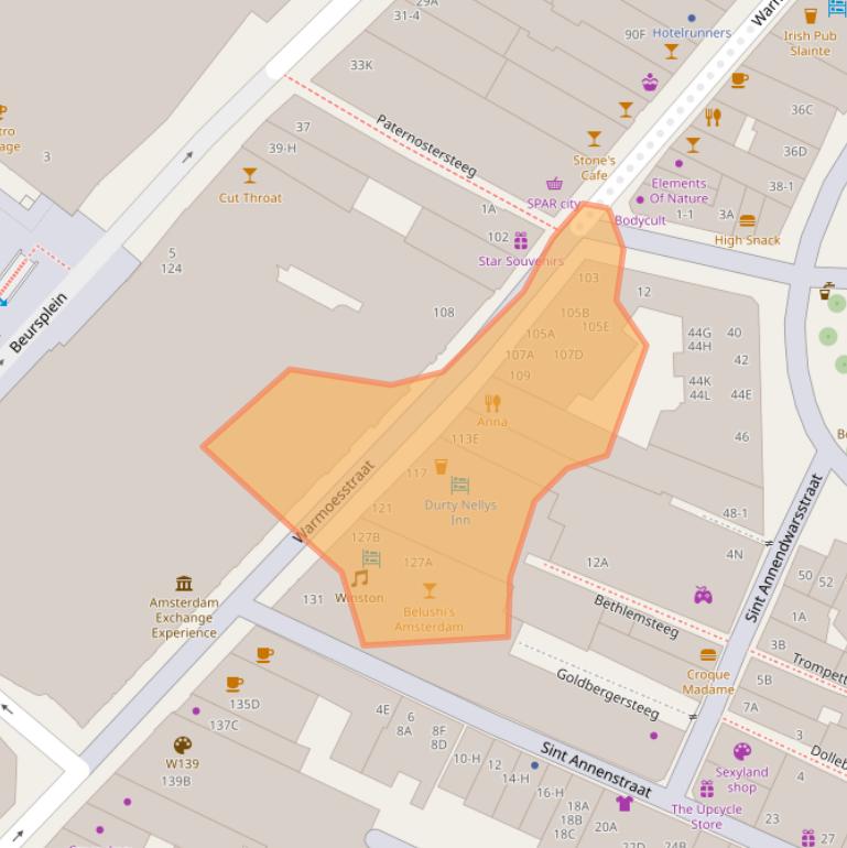 Kaart van postcodegebied 1012JA.