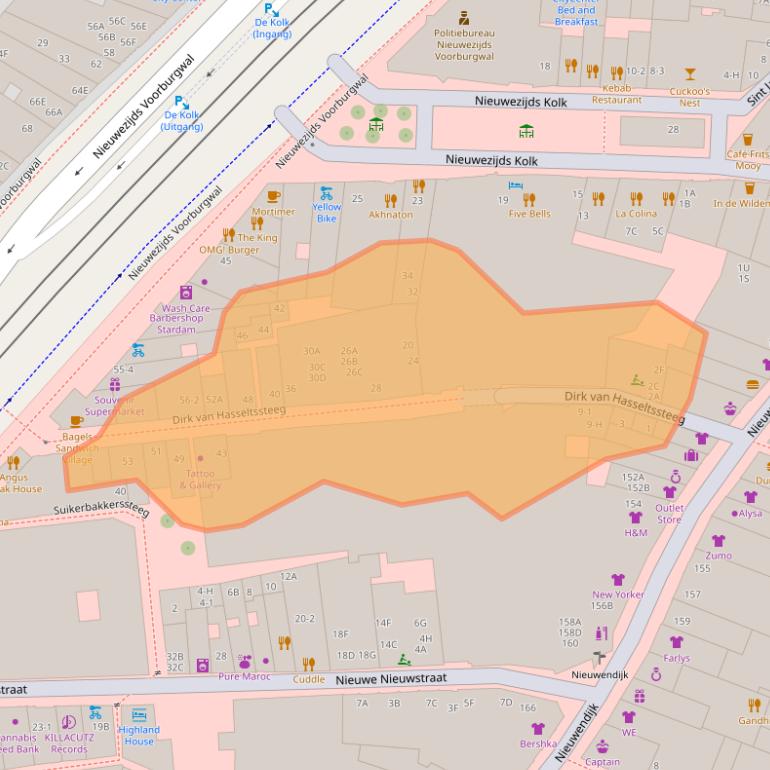 Kaart van postcodegebied 1012NE.