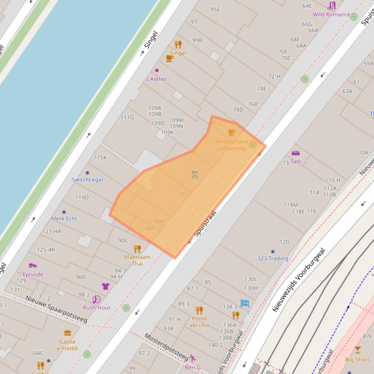 Kaart van postcodegebied 1012TX.