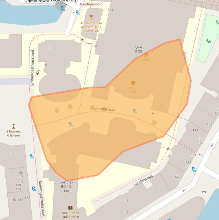 Kaart van postcodegebied 1012XX.