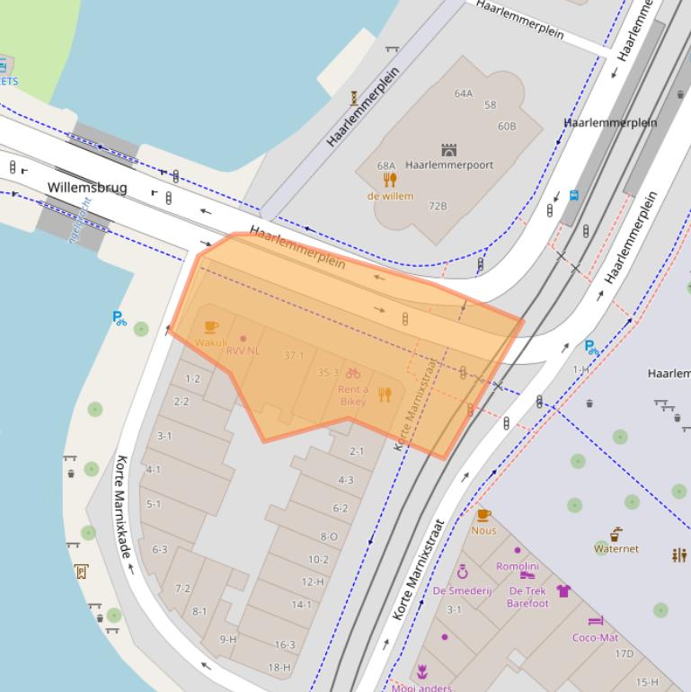 Kaart van postcodegebied 1013HR.