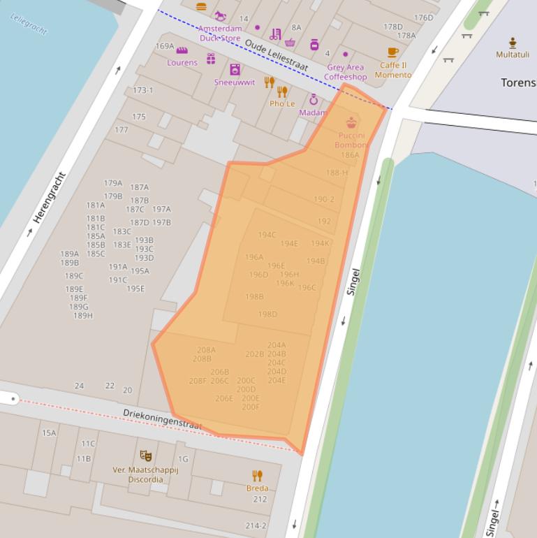 Kaart van postcodegebied 1016AA.